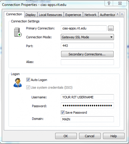 CAD-apps.rit.edu connection settings